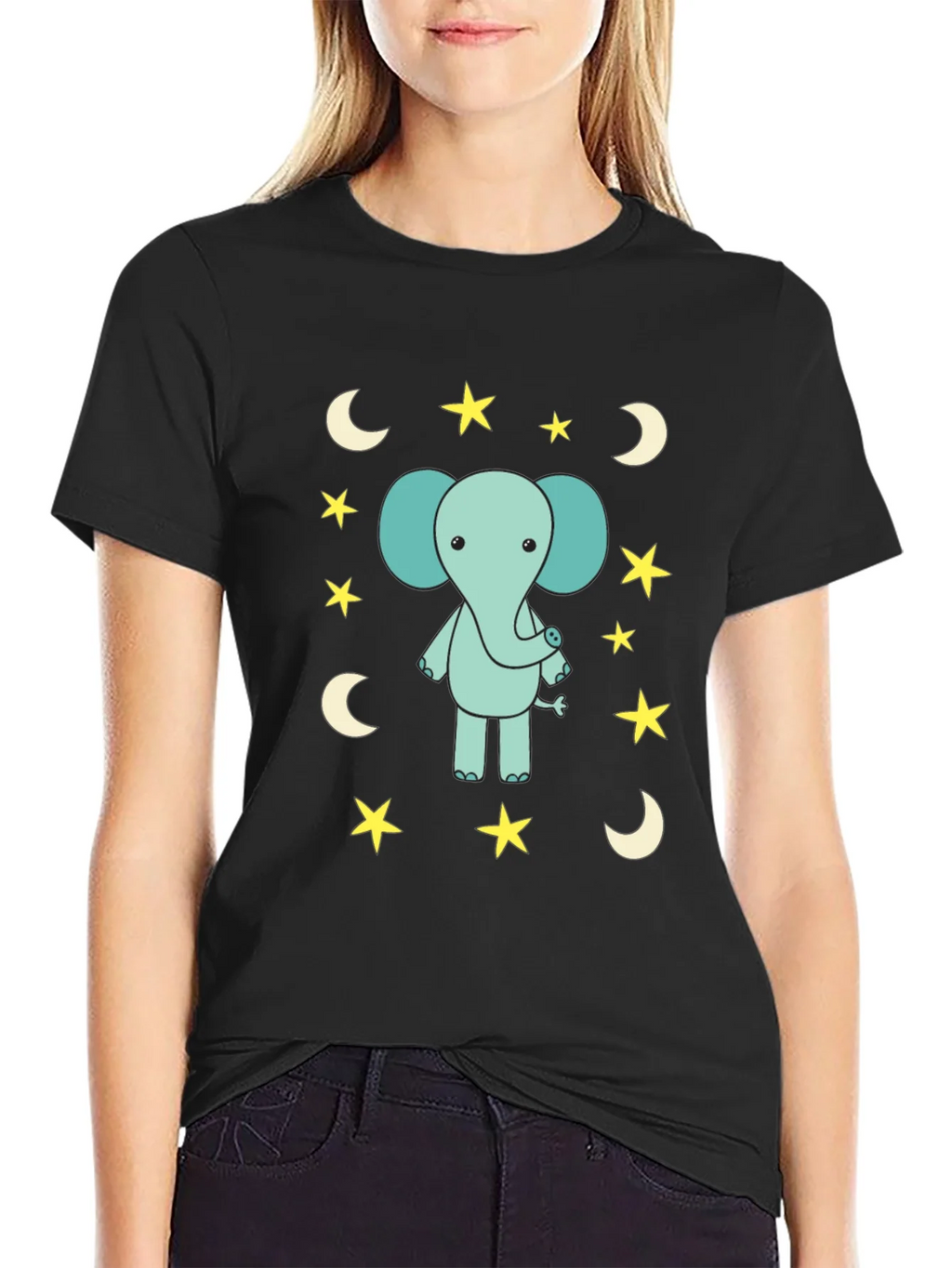 Cute Elephant Starry Night Black T-Shirt