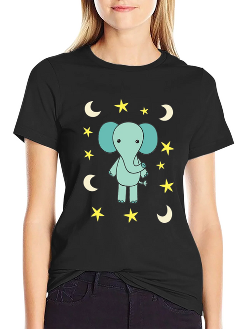 Cute Elephant Starry Night Black T-Shirt
