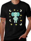 Cute Elephant Starry Night Black T-Shirt