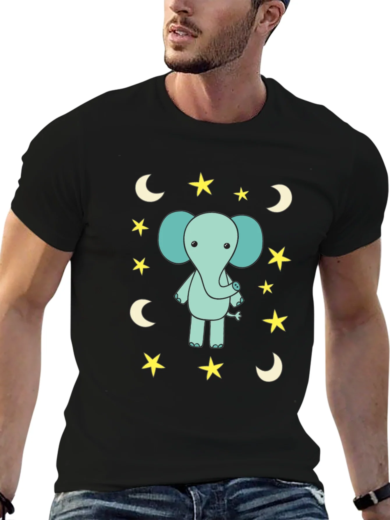 Cute Elephant Starry Night Black T-Shirt