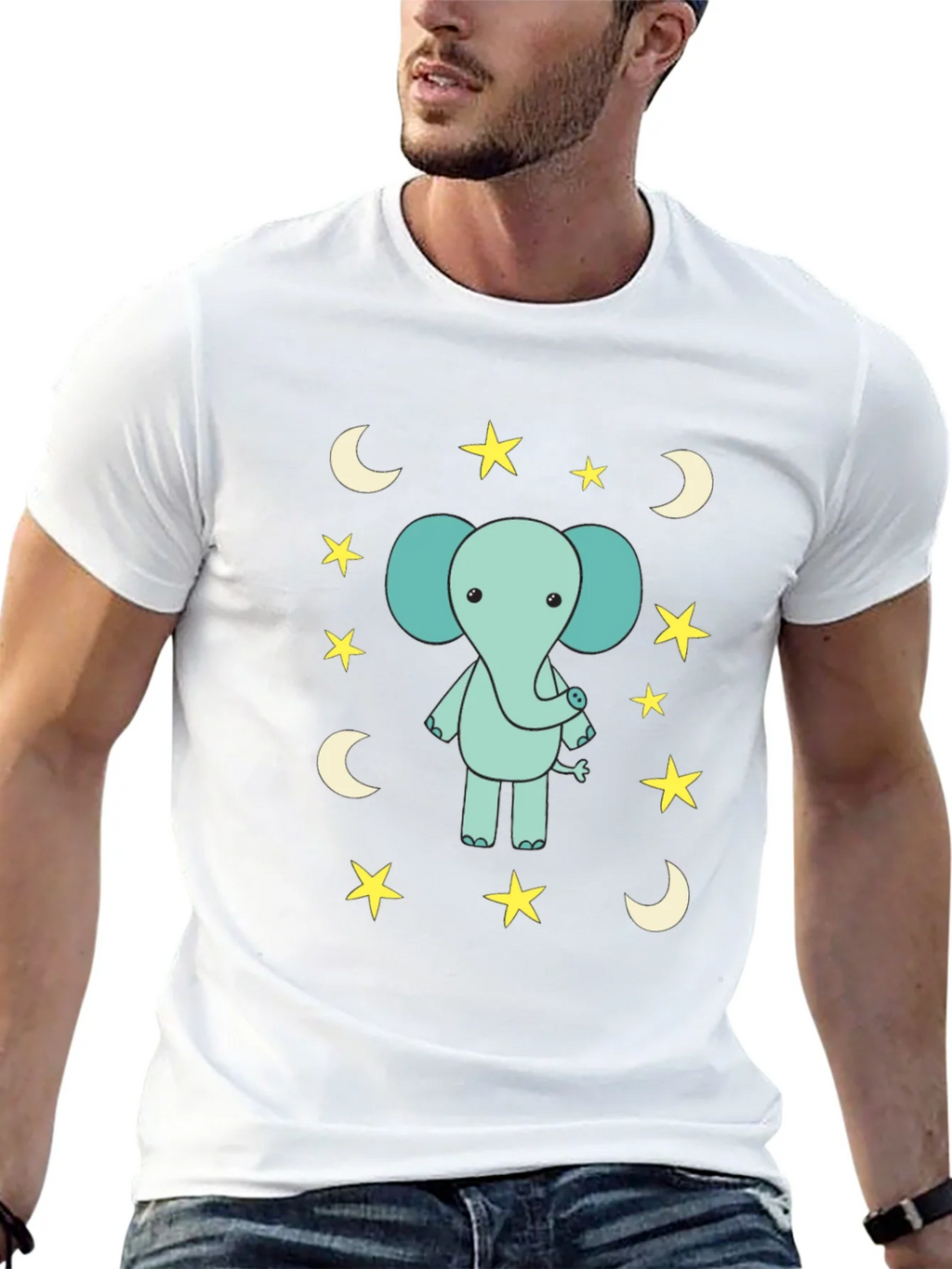 Cute Elephant Starry Night Black T-Shirt