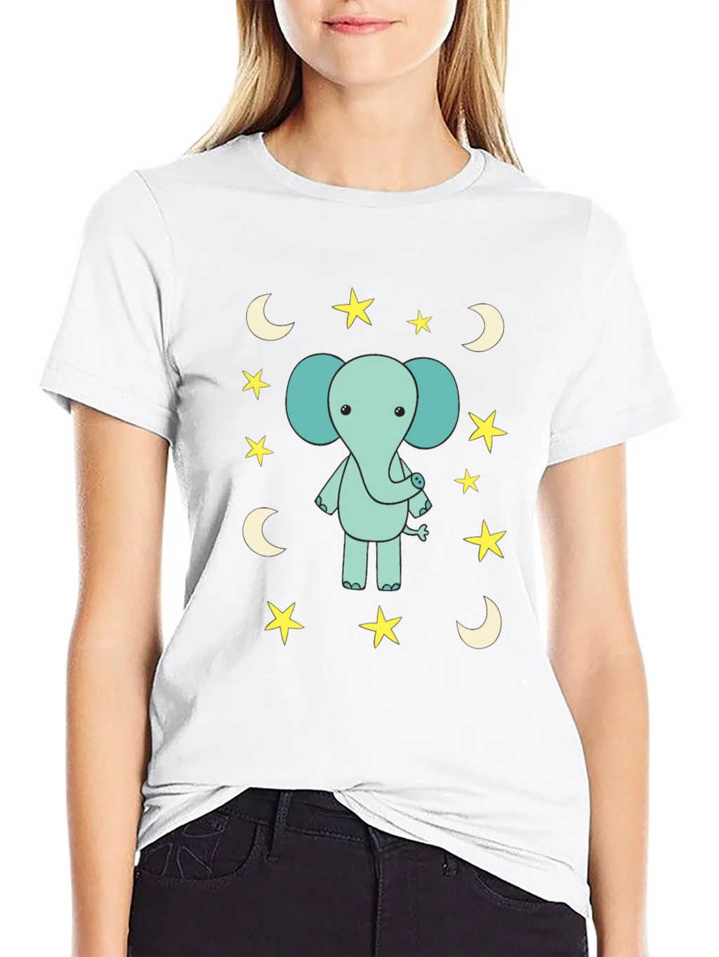 Cute Elephant Starry Night Black T-Shirt