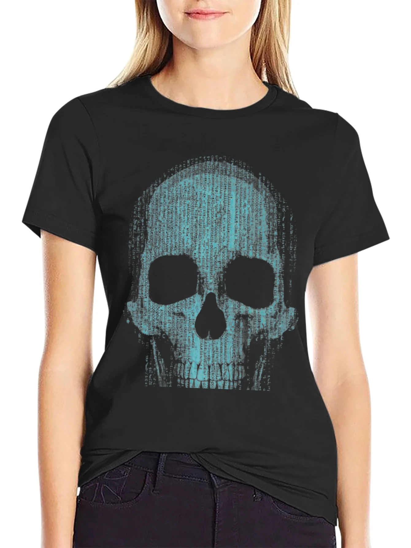 Binary Code Skull Graphic T-Shirt - Cyberpunk Style