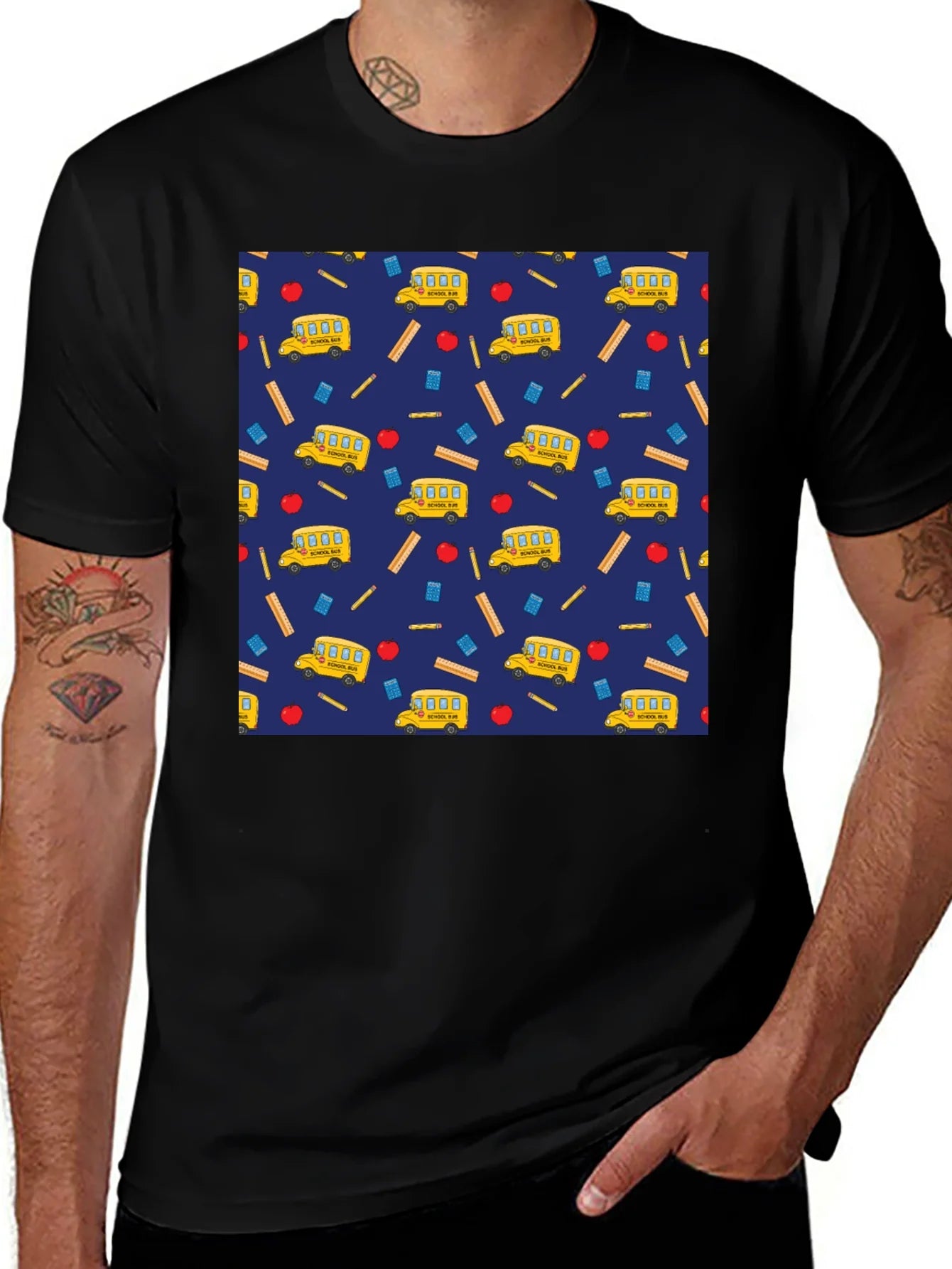 School Days T-Shirt: Bus Apple & Ruler Pattern