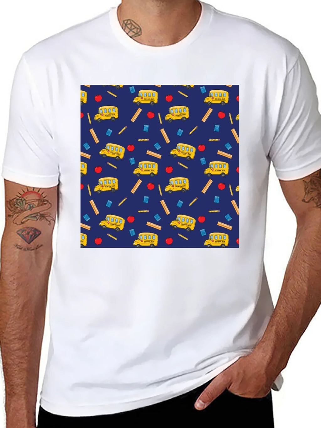 School Days T-Shirt: Bus Apple & Ruler Pattern