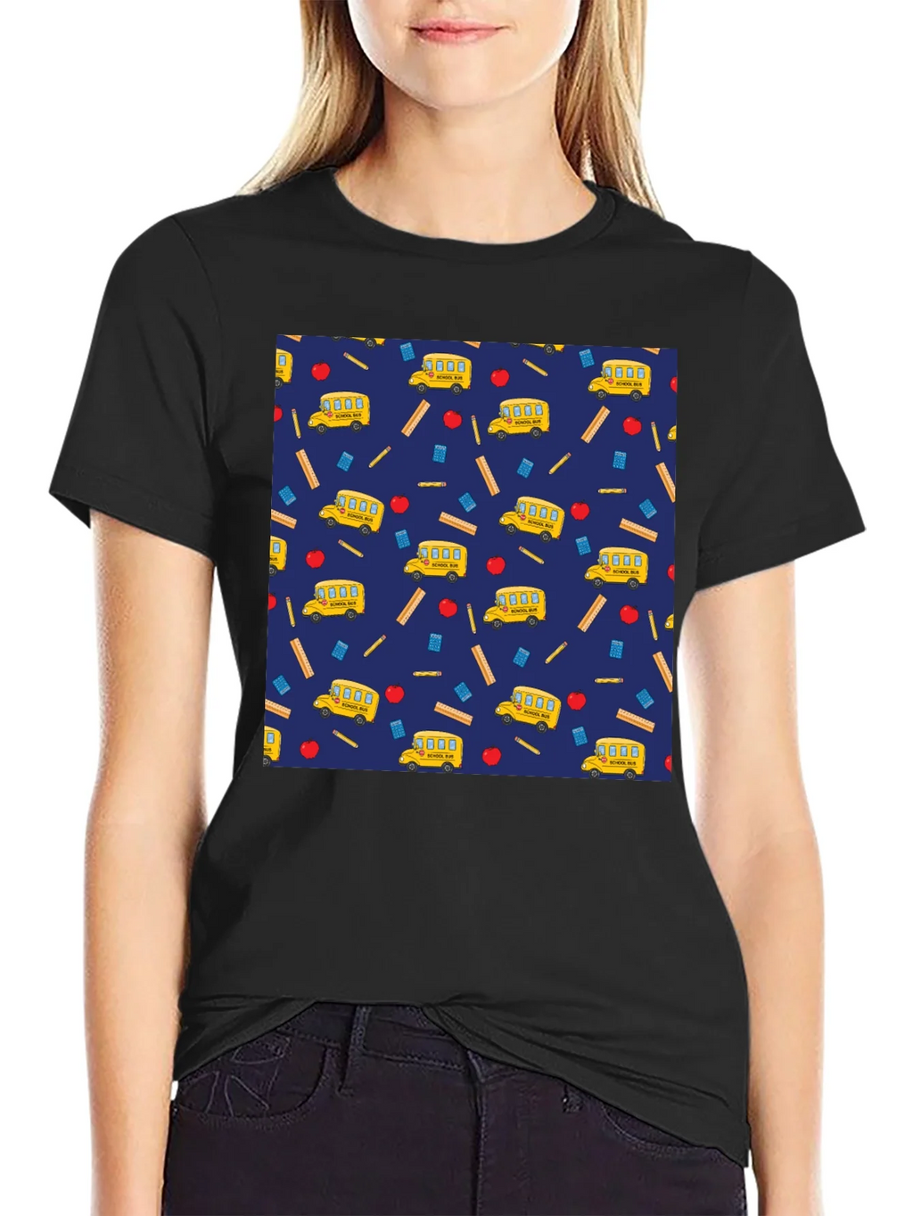 School Days T-Shirt: Bus Apple & Ruler Pattern