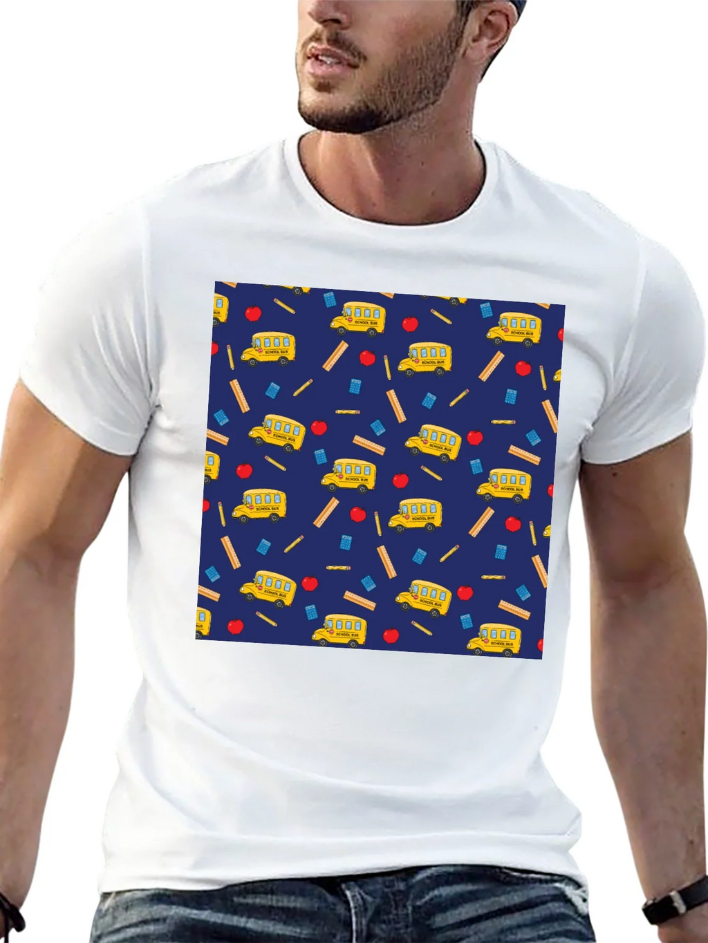 School Days T-Shirt: Bus Apple & Ruler Pattern