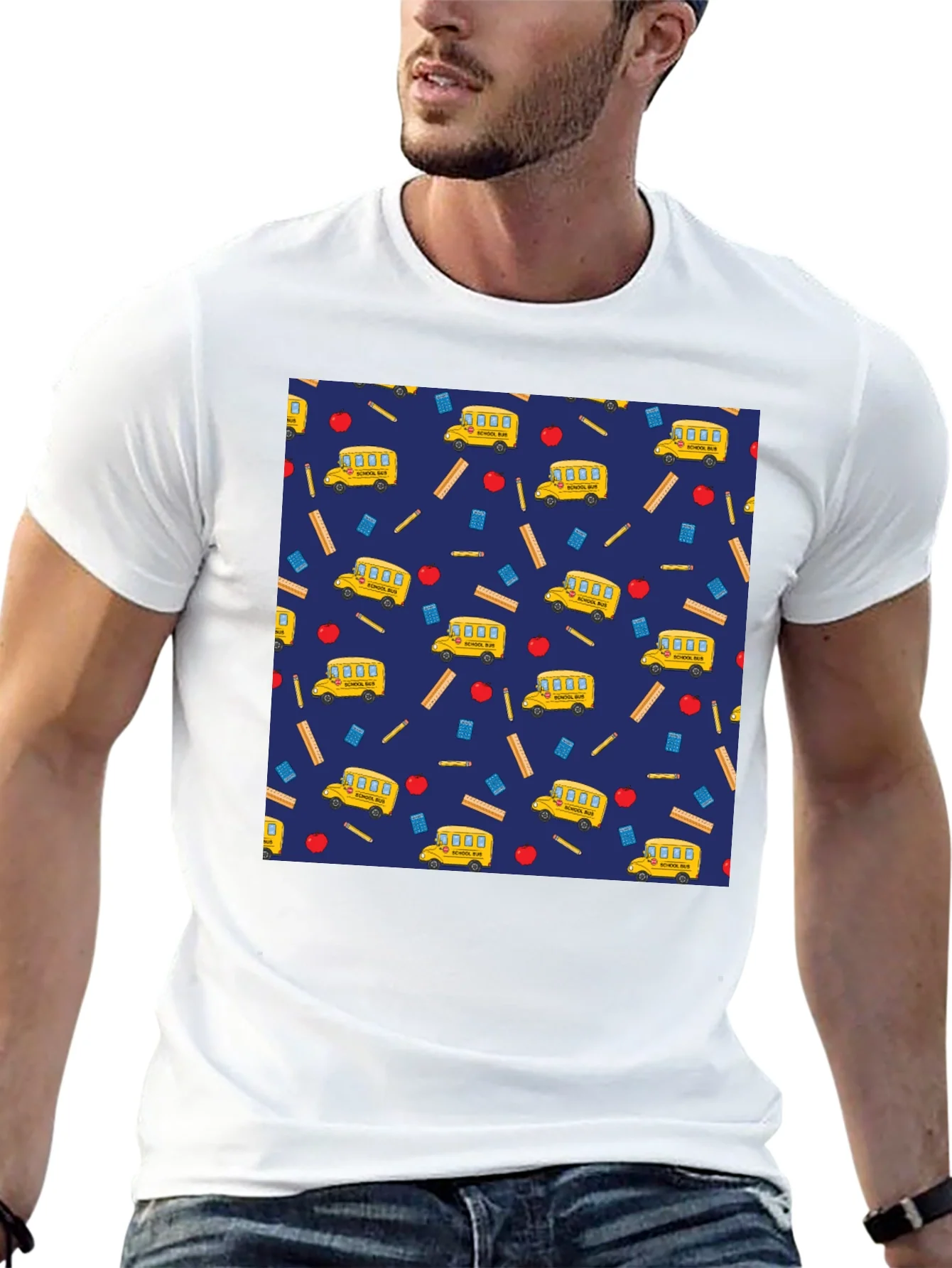 School Days T-Shirt: Bus Apple & Ruler Pattern