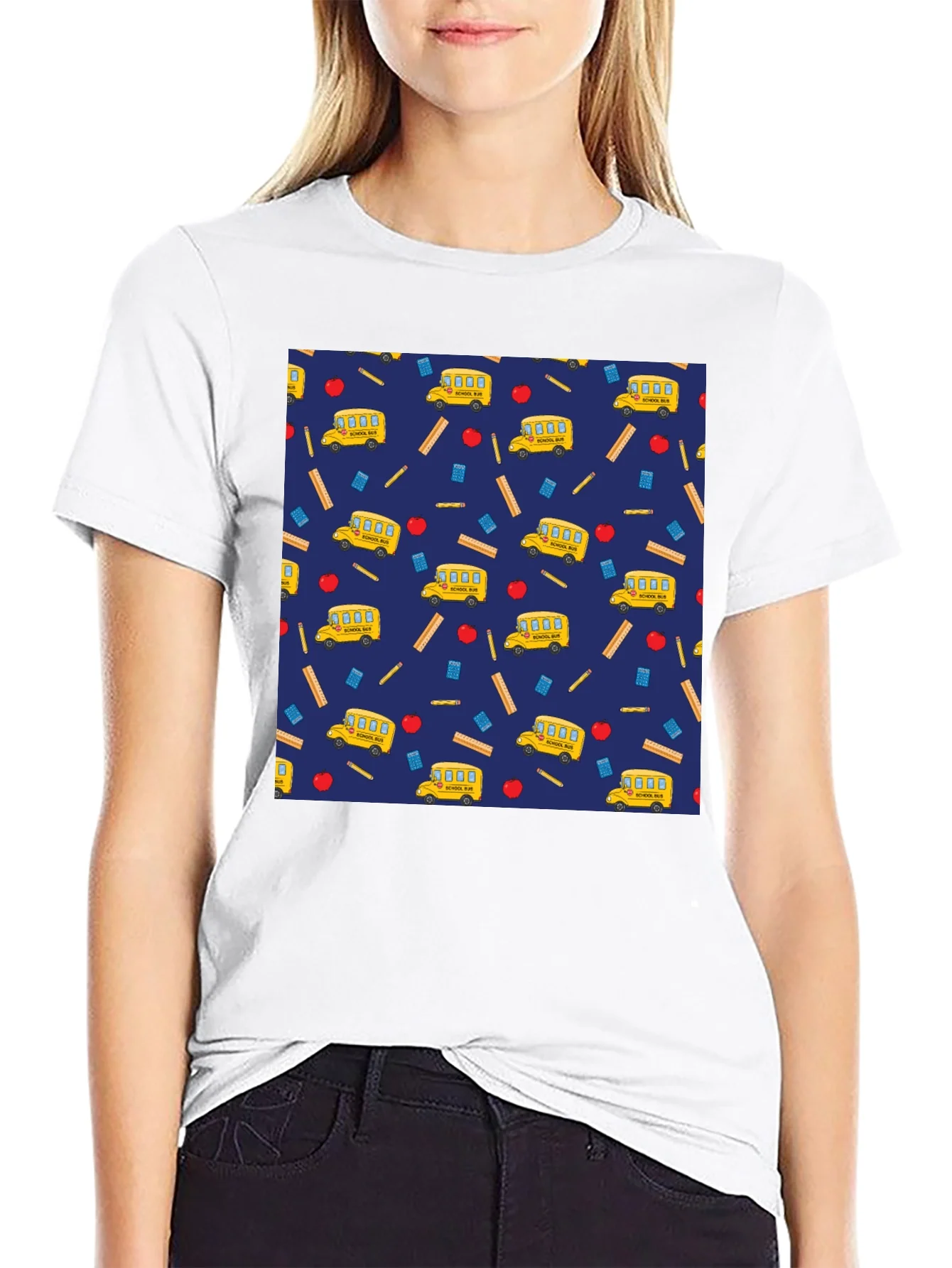 School Days T-Shirt: Bus Apple & Ruler Pattern