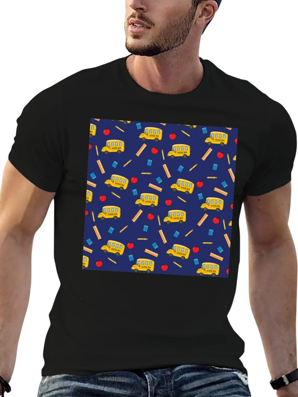School Days T-Shirt: Bus Apple & Ruler Pattern