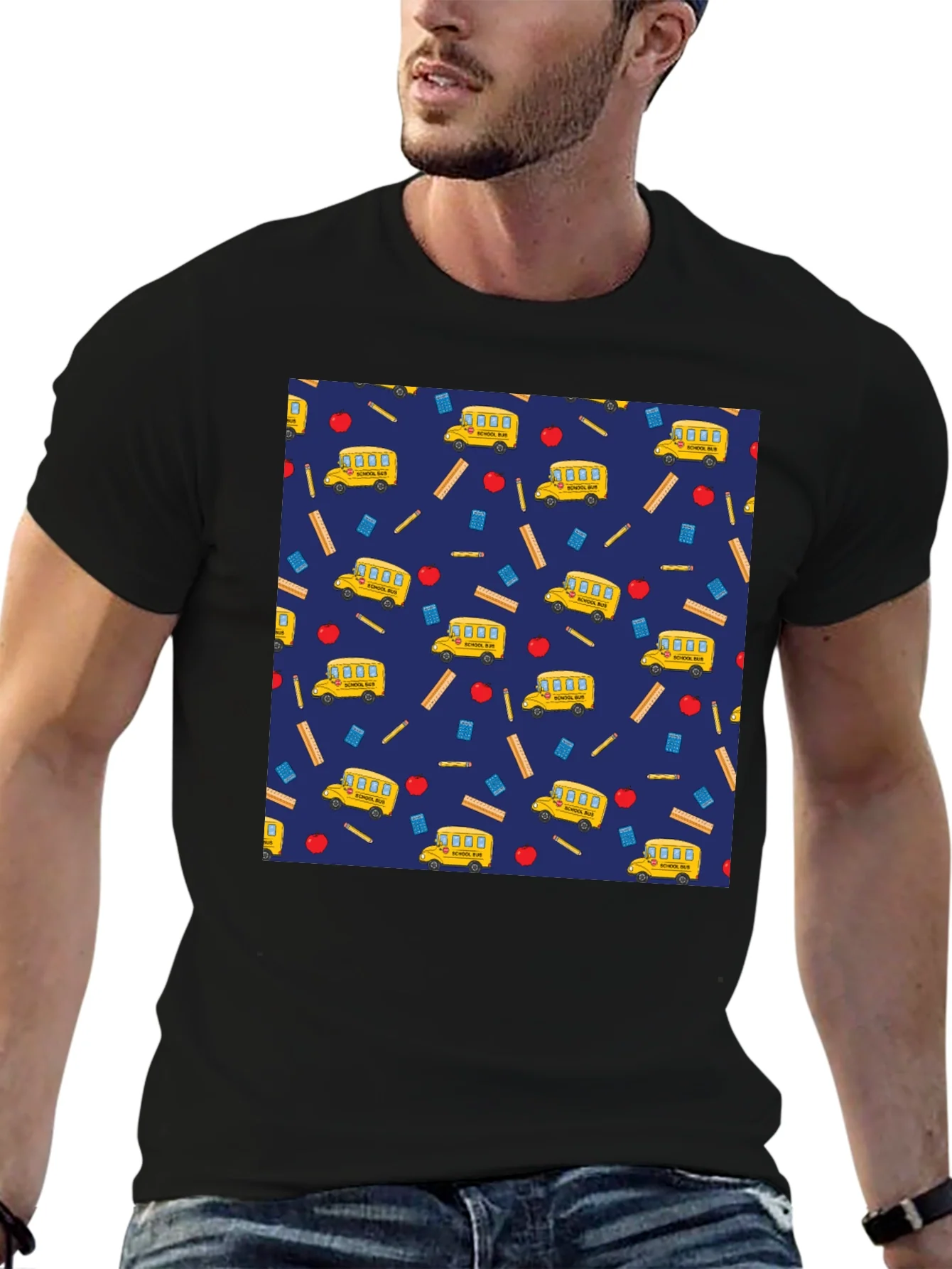 School Days T-Shirt: Bus Apple & Ruler Pattern
