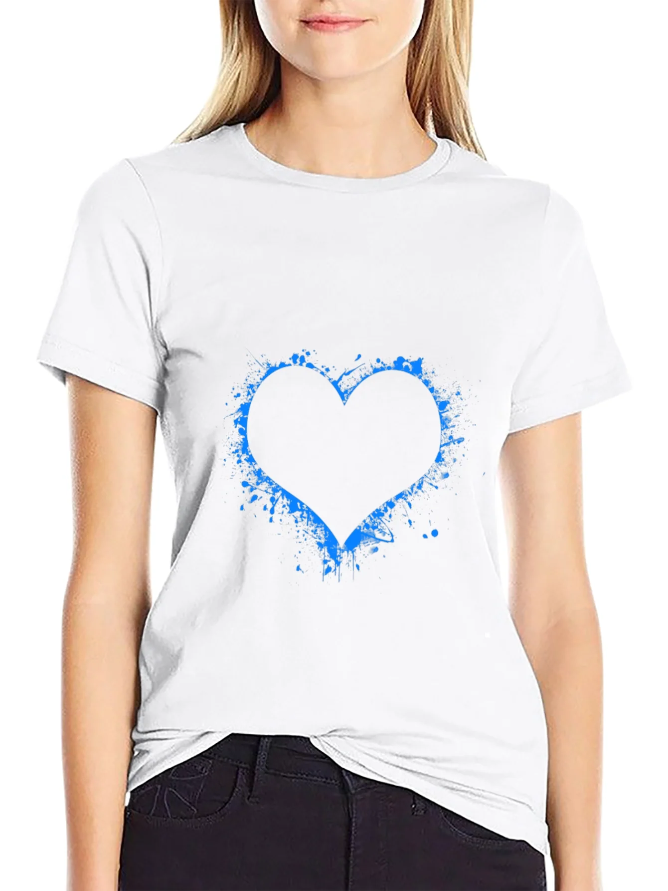 Blue Splatter Heart Black T-Shirt