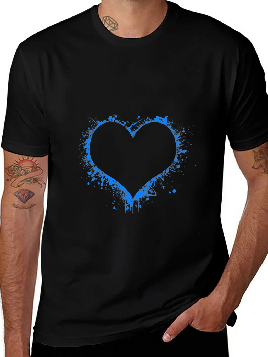 Blue Splatter Heart Black T-Shirt