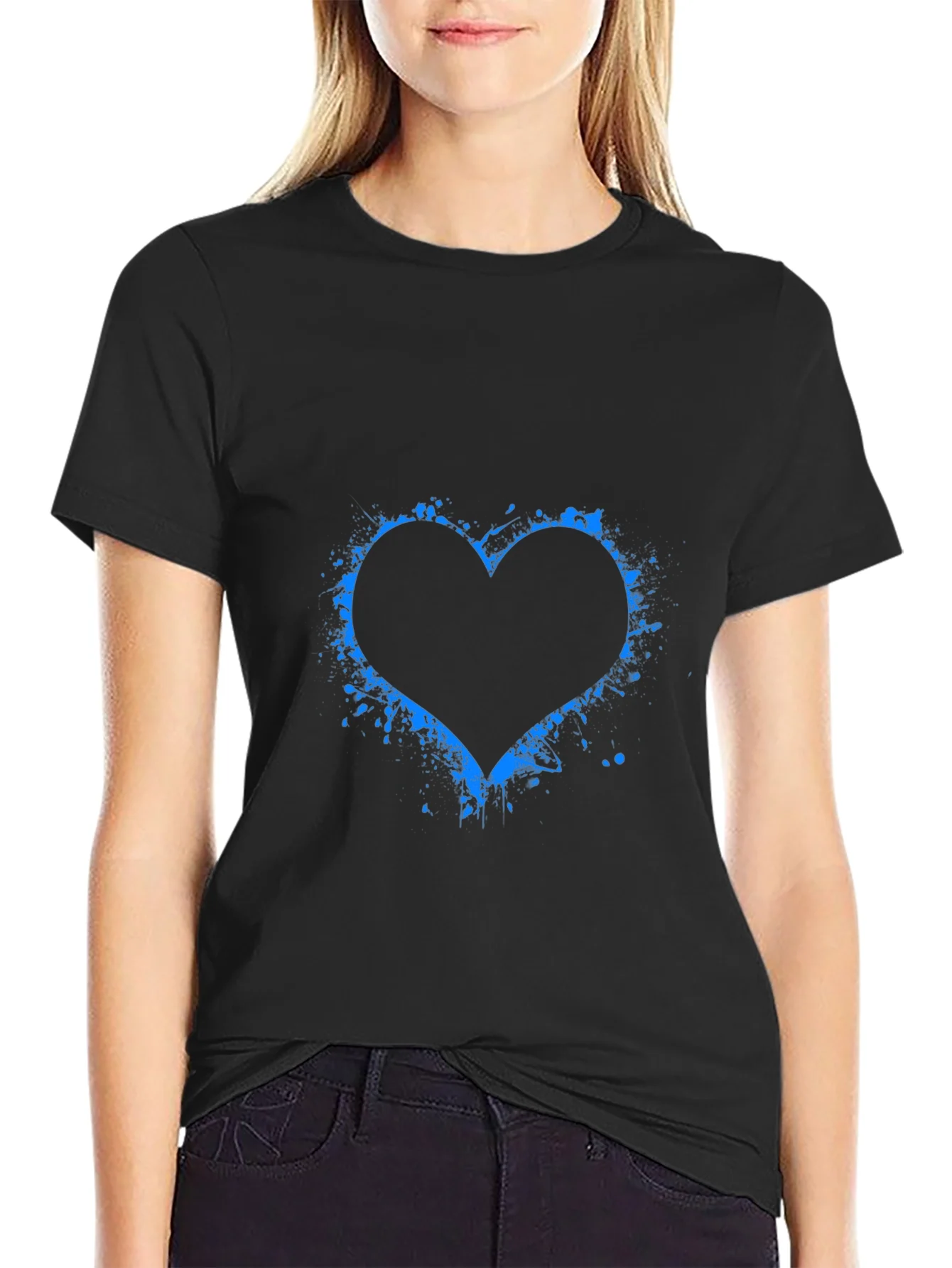 Blue Splatter Heart Black T-Shirt