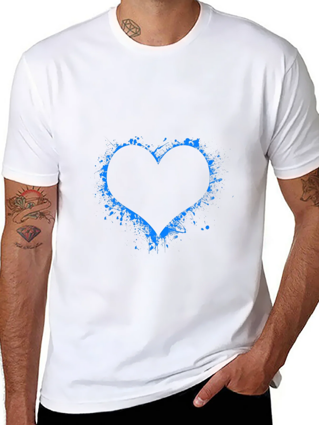 Blue Splatter Heart Black T-Shirt