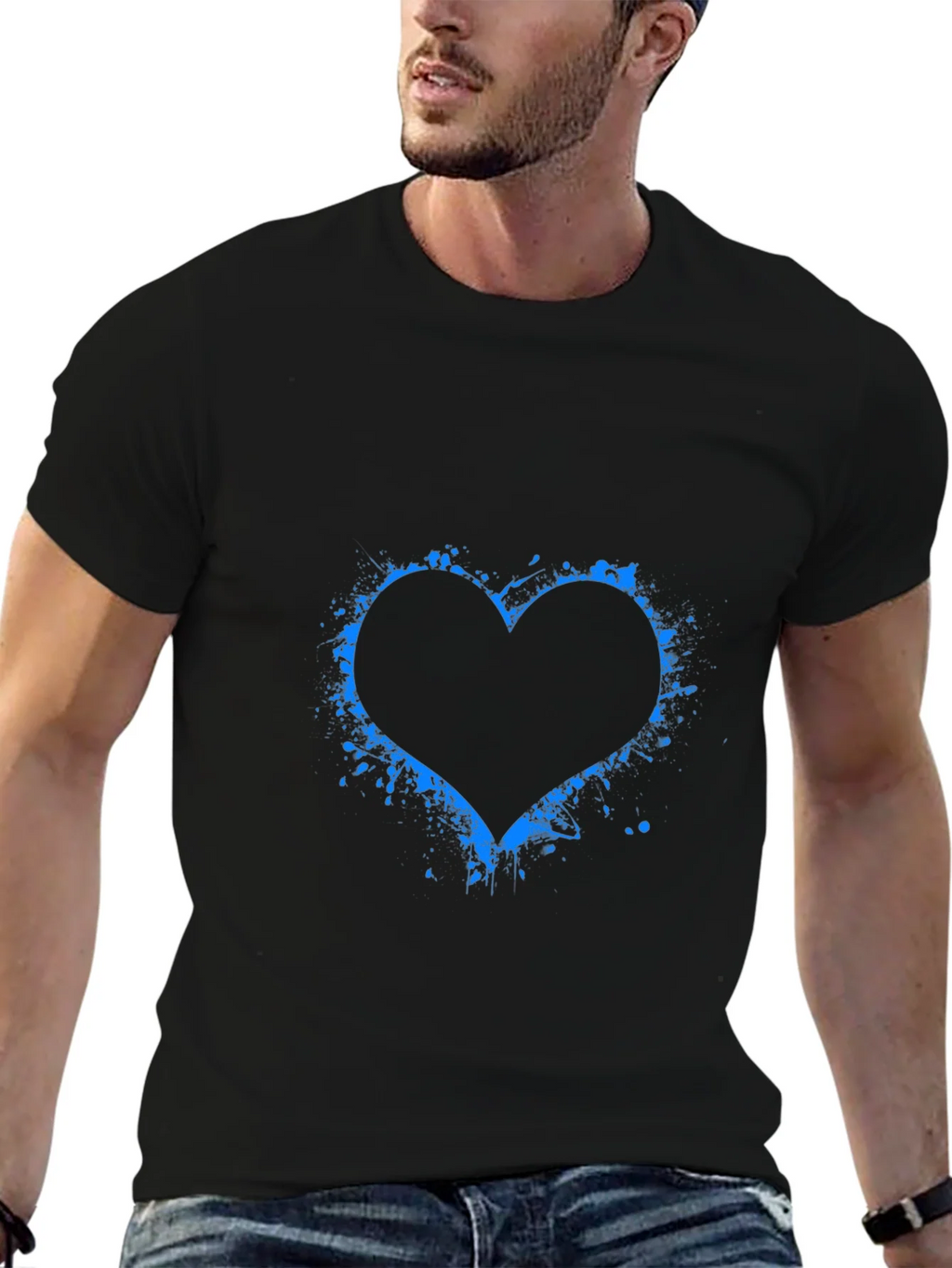 Blue Splatter Heart Black T-Shirt