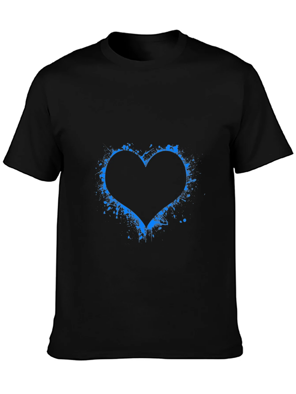 Blue Splatter Heart Black T-Shirt