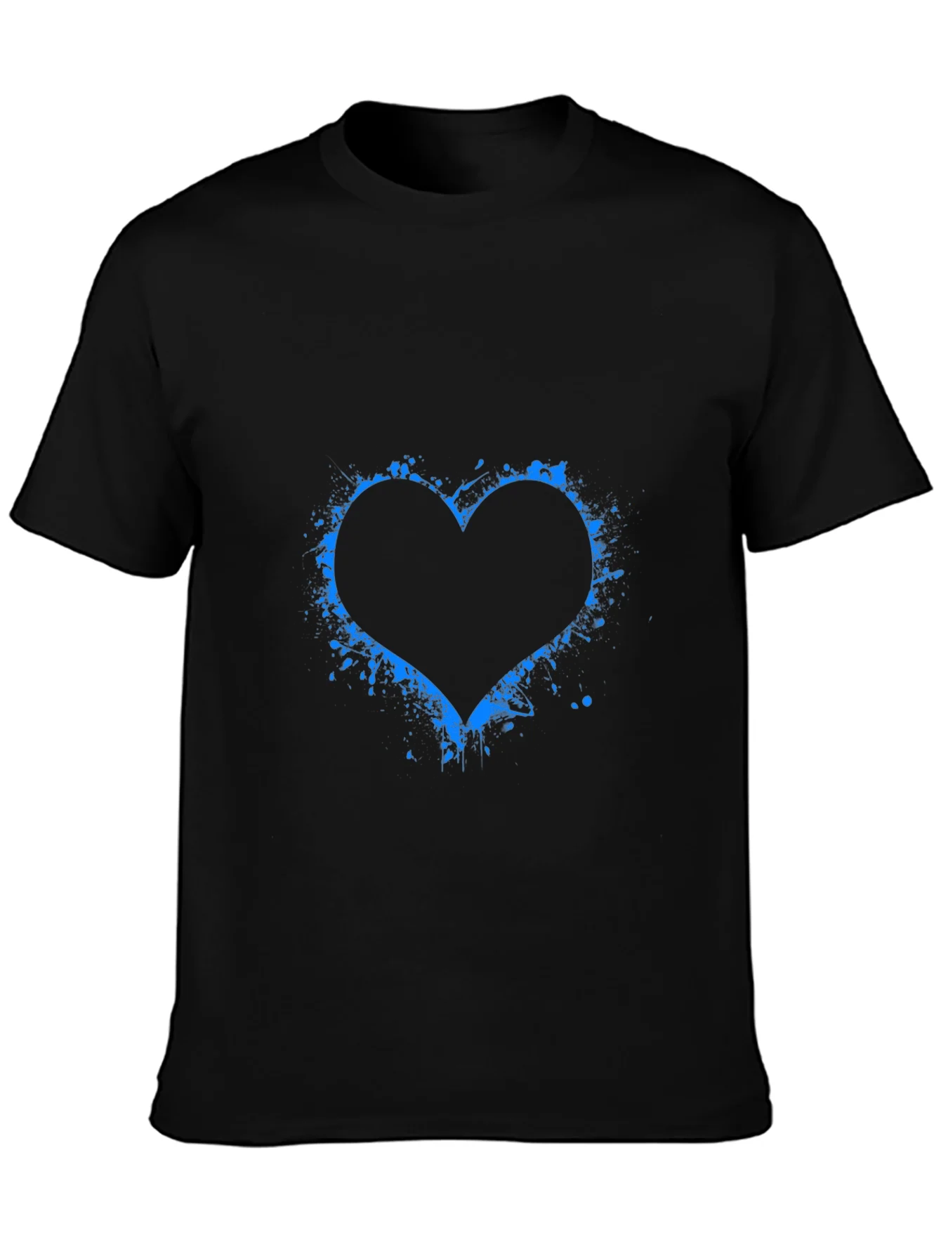 Blue Splatter Heart Black T-Shirt