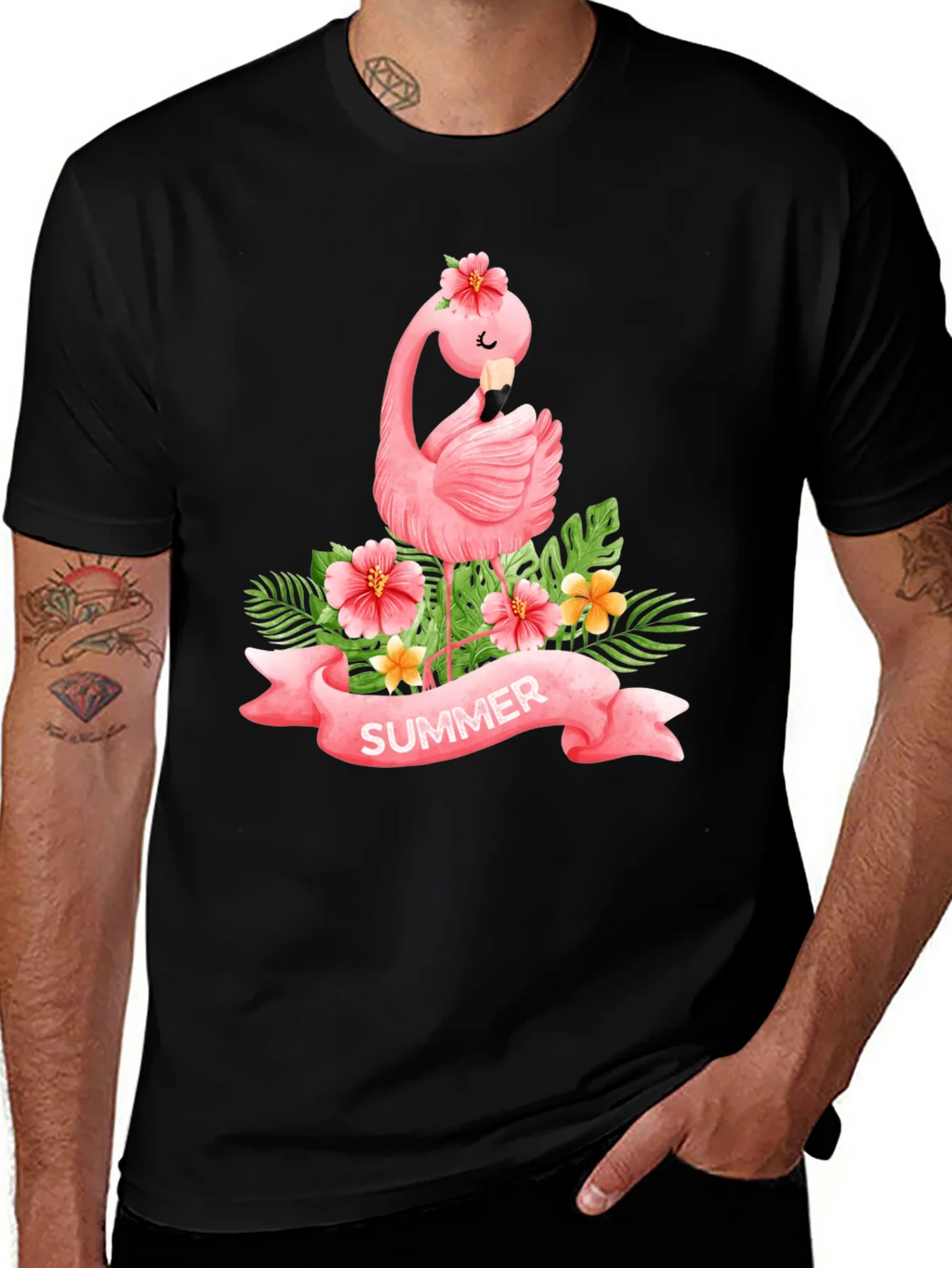 Summer Flamingo Black T-Shirt