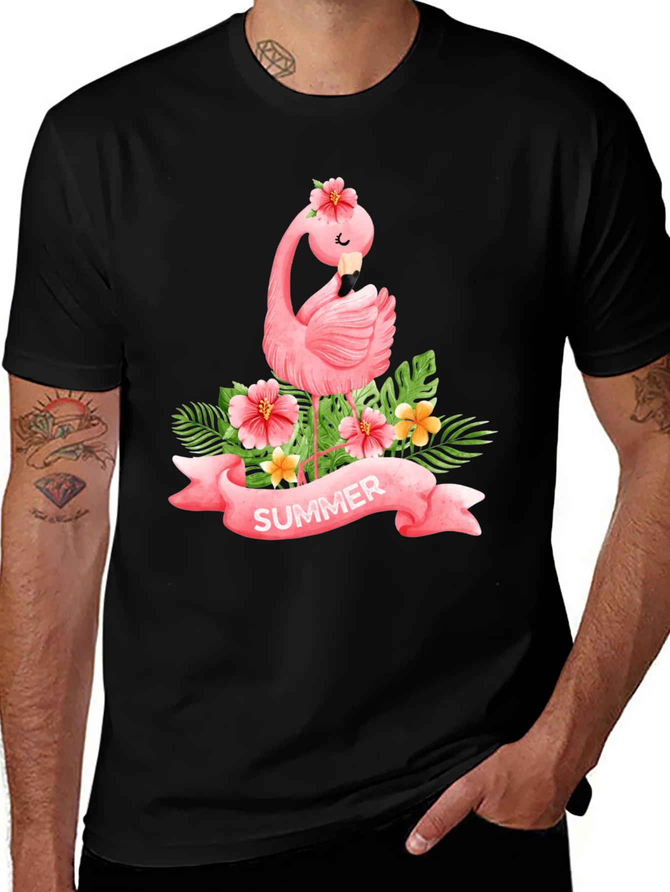 Summer Flamingo Black T-Shirt