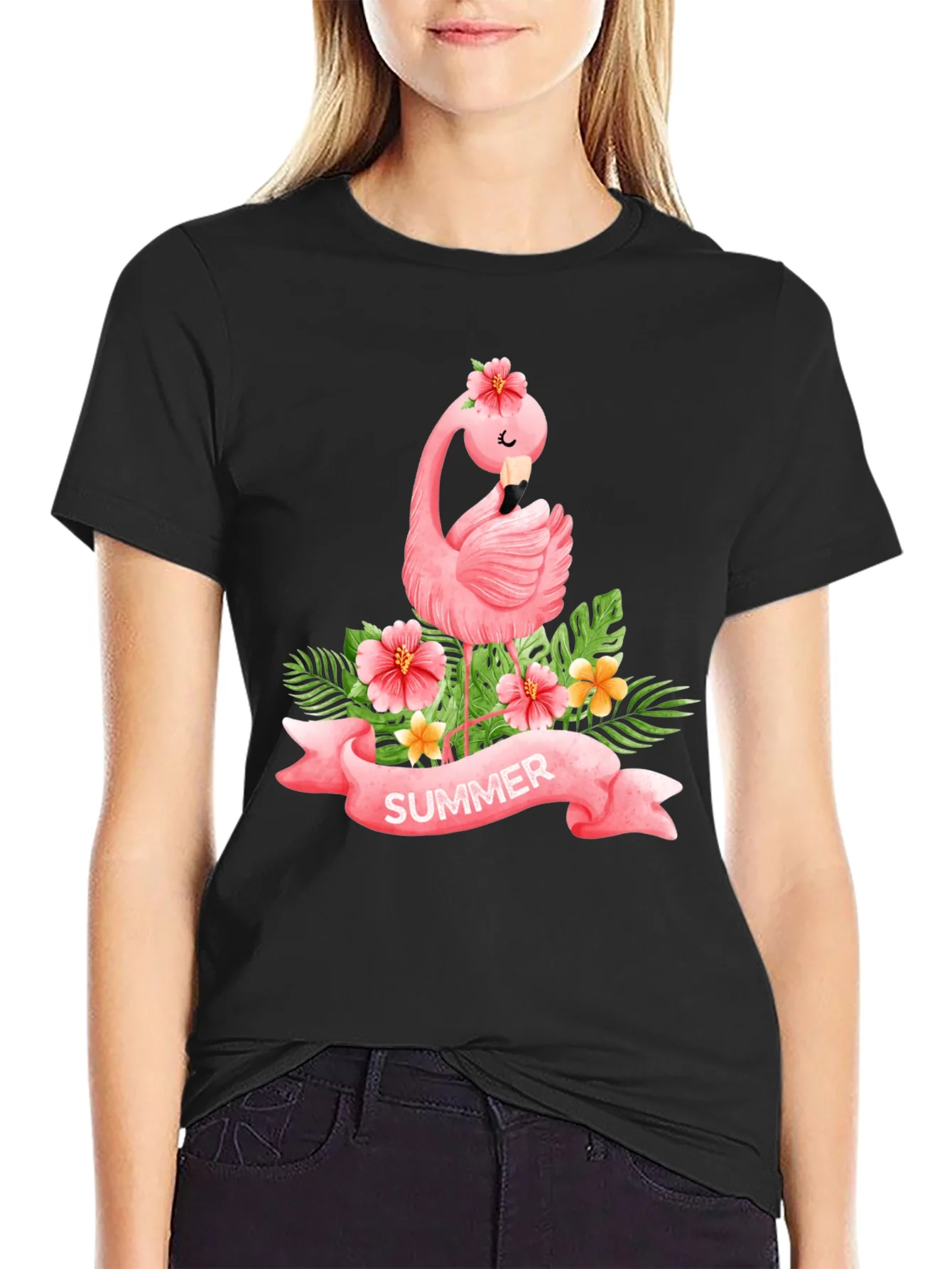 Summer Flamingo Black T-Shirt