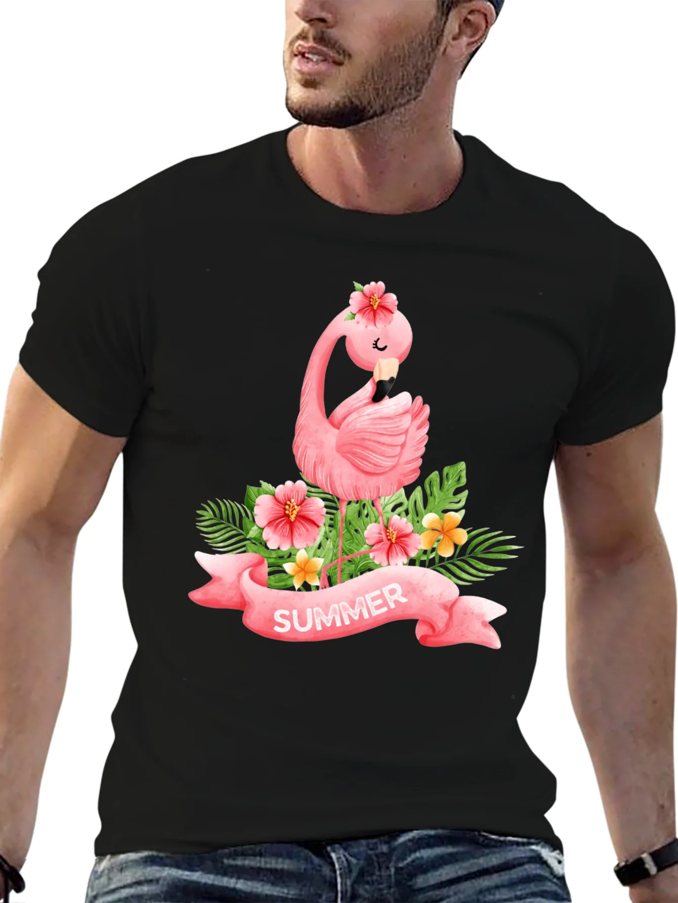 Summer Flamingo Black T-Shirt