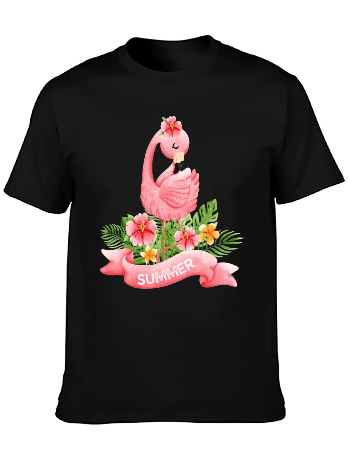 Summer Flamingo Black T-Shirt