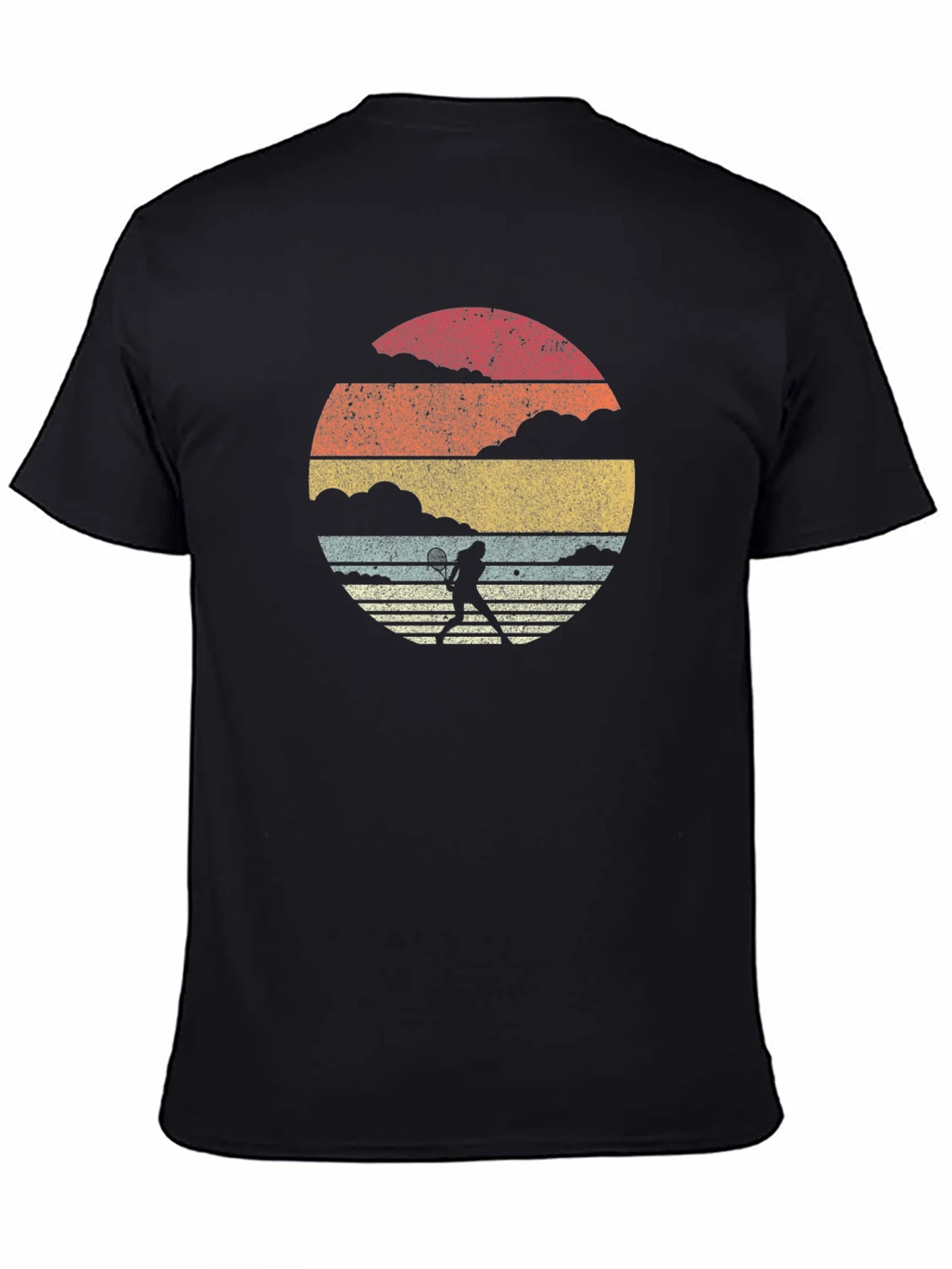 Retro Tennis Player Graphic Tee - Black Cotton T-Shirt