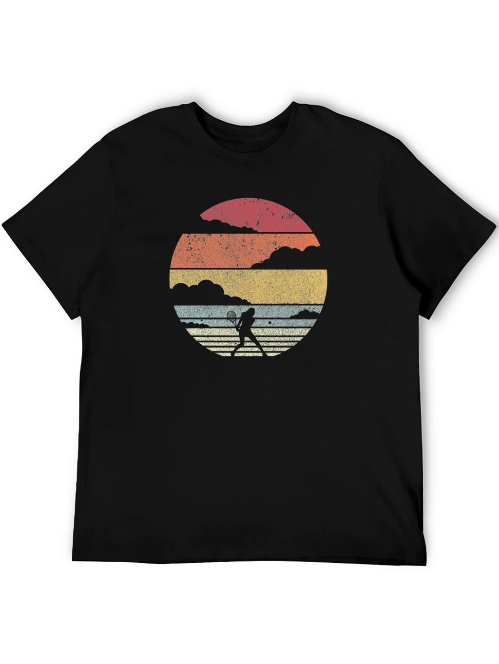 Retro Tennis Player Graphic Tee - Black Cotton T-Shirt