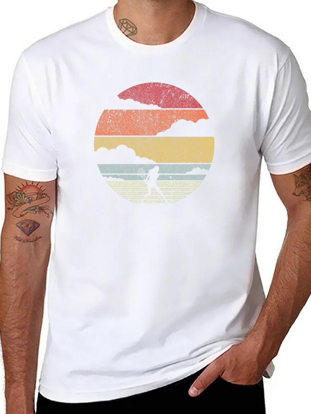 Retro Tennis Player Graphic Tee - Black Cotton T-Shirt